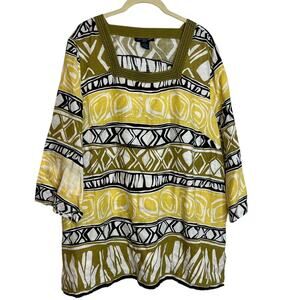 Saint Tropez Woman 100% Linen Tunic Size 1X Yellow Green Abstract Artsy flawed